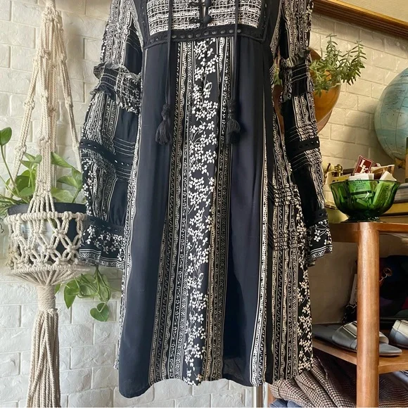 Sea New York Keely Tie-Neck Long-Sleeve Peasant Mini Tunic Dress Black Boho - Picture 8 of 15